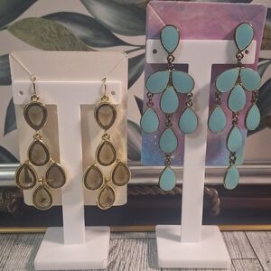 Turquoise And Smokey Brown Teardrop Chandelier Earrings Lot Of 2
